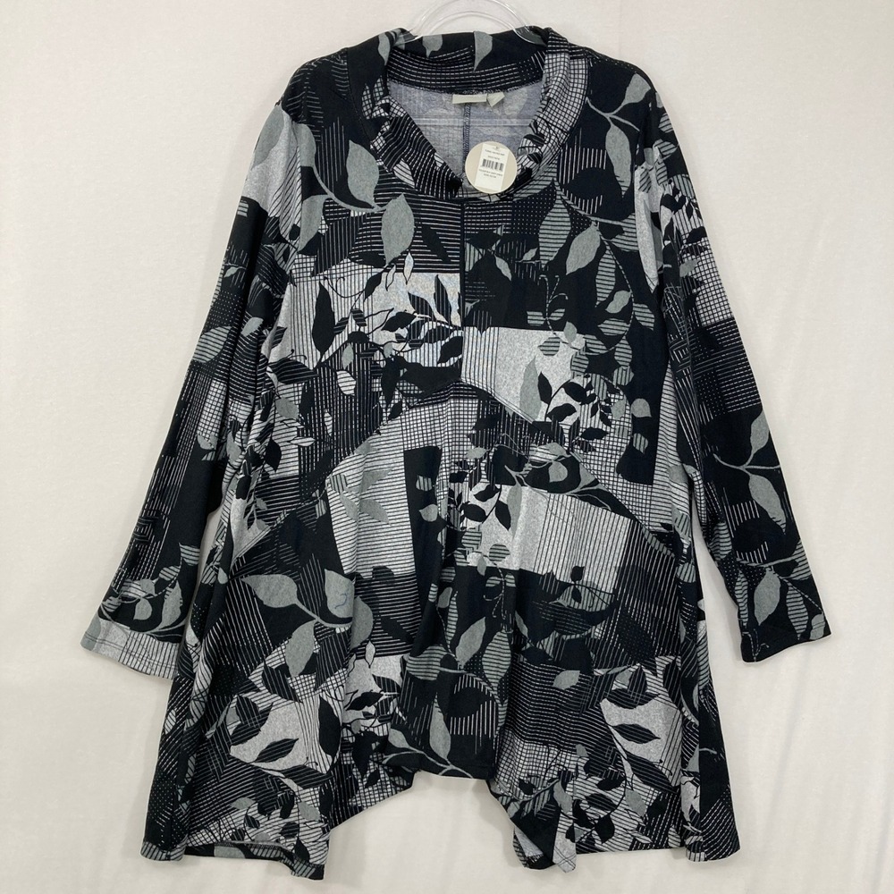 Zim & Zoe Tunic Hayes 22/24 Black Leafy Check Print Cowl Neck Long Sleeve Top